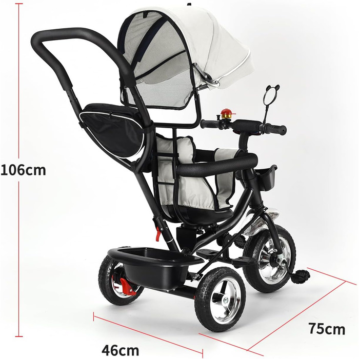 Триколісний велосипед 4-в-1 для дітей від 1 року з батьківською ручкою – дитячий триколіс для 1-4 роки до 25 кг, регульована батьківська ручка, поворотне сидіння, складаний навіс та кошик – компактний та безпечний (світло-сірий)