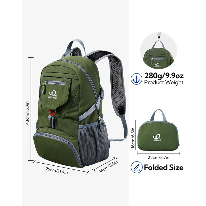 WATERFLY ультралегкий складаний рюкзак 20 л для походів, міський рюкзак для чоловіків та жінок, водонепроникний, для туризму, спорту, подорожей