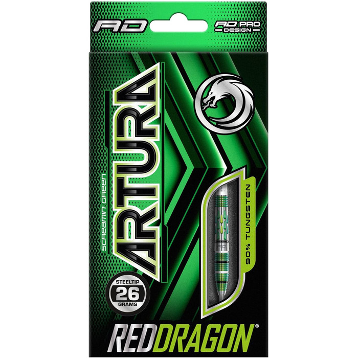 Преміальні дартси RED DRAGON Artura Screamin' Grün з вольфраму, комплект з оперенням і стрижнями