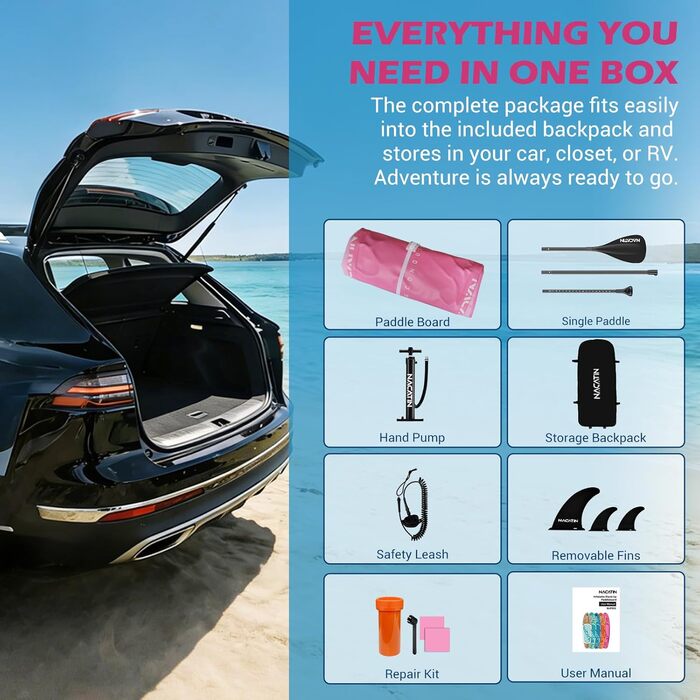 NACATIN SUP дошка для дорослих надувна 320 см (10'6") рожева + весло, насос, рюкзак, ремкомплект - для початківців та досвідчених