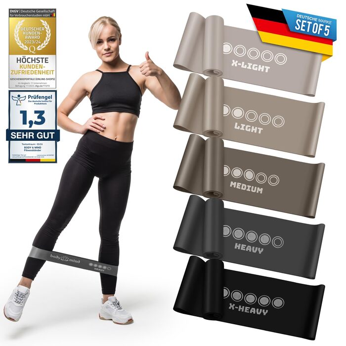 Набір еластичних стрічок для фітнесу Body & Mind® 5 шт. з різним опором, стрічки для тренувань, йоги, пілатесу та фітнесу; спортивні стрічки 100% латекс сірого кольору