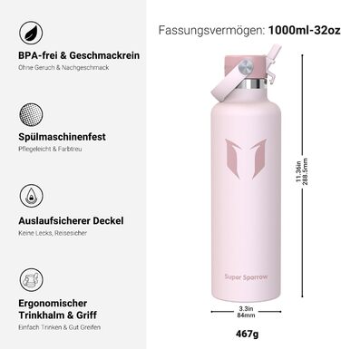 Термокружка-термос Super Sparrow з нержавіючої сталі з трубочкою - 350мл, 500мл, 750мл, 1л, 1.2л - BPA Free, для спорту, подорожей, школи, відпочинку на природі (1000мл, вишня)