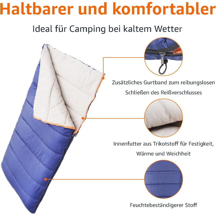 Спальний мішок Amazon Basics 4 сезони, для холодної та теплої погоди, для кемпінгу та піших прогулянок, прямокутний, блакитний