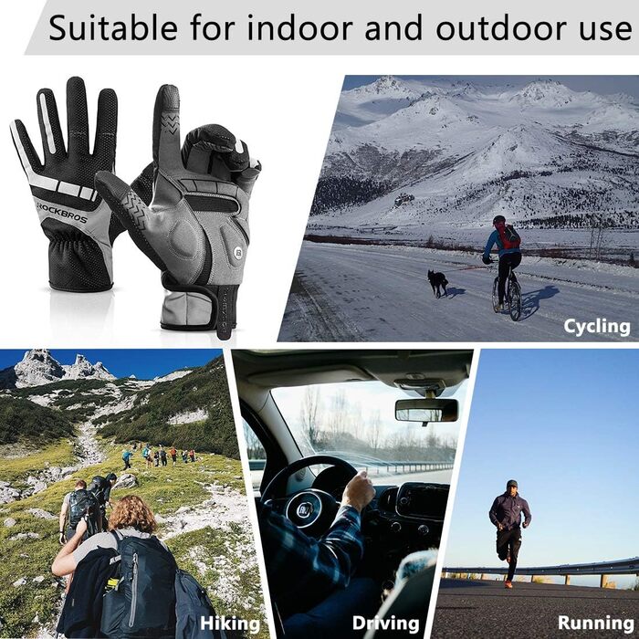 Велосипедні рукавички ROCKBROS для чоловіків та жінок, зимові рукавички з флісу, сенсорні та світловідбиваючі, для шосе, трекінгу, бігу та активного відпочинку