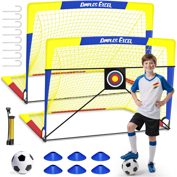 Ворота для футболу Dimples Excel Pop-Up – розкладні для дітей | Набір 1 або 2 шт. | Розміри 120x90 / 152x110 / 213x152 см | 3 кольори | З м'ячем, насосом, конусами та мішенню | Для саду та подарунка (2-120x90 блакитний+аксесуари)