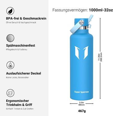 Термокружка-термос Super Sparrow з нержавіючої сталі з трубочкою, 350мл, 500мл, 750мл, 1л, 1.2л, BPA-Free, для спорту, подорожей, школи, активного відпочинку (1000 мл, C- блакитний)