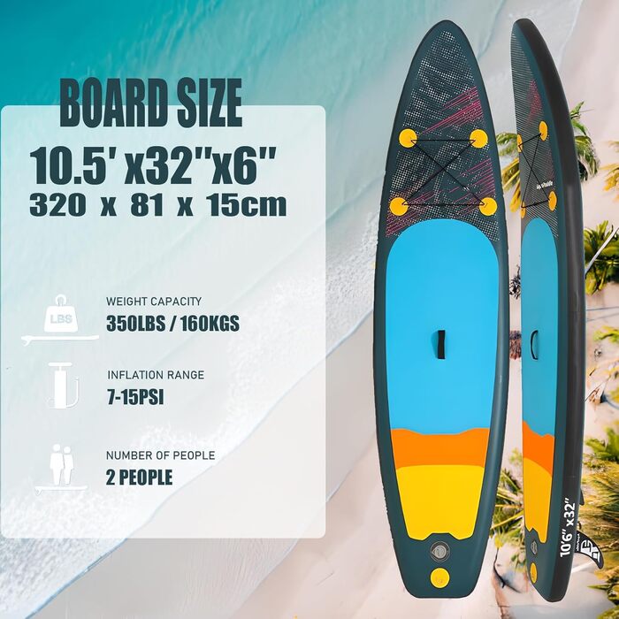 Набір для SUP-бордингу надувний, армійсько-зелений 320x81x15 см, до 180 кг, з веслом, насосом, рюкзаком та плавниками