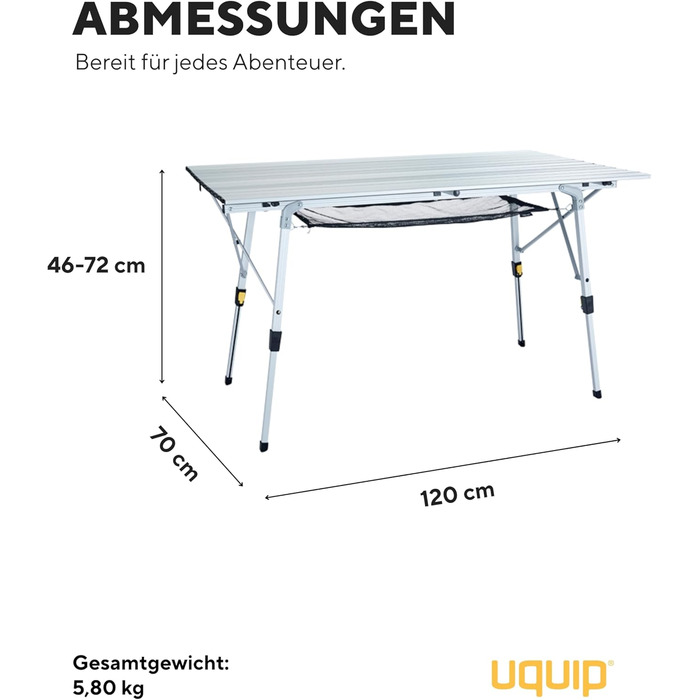 Складний стіл для кемпінгу Uquip Variety L Silver 70x51x120 см - алюмінієвий, портативний, для пікніка, саду, фестивалів