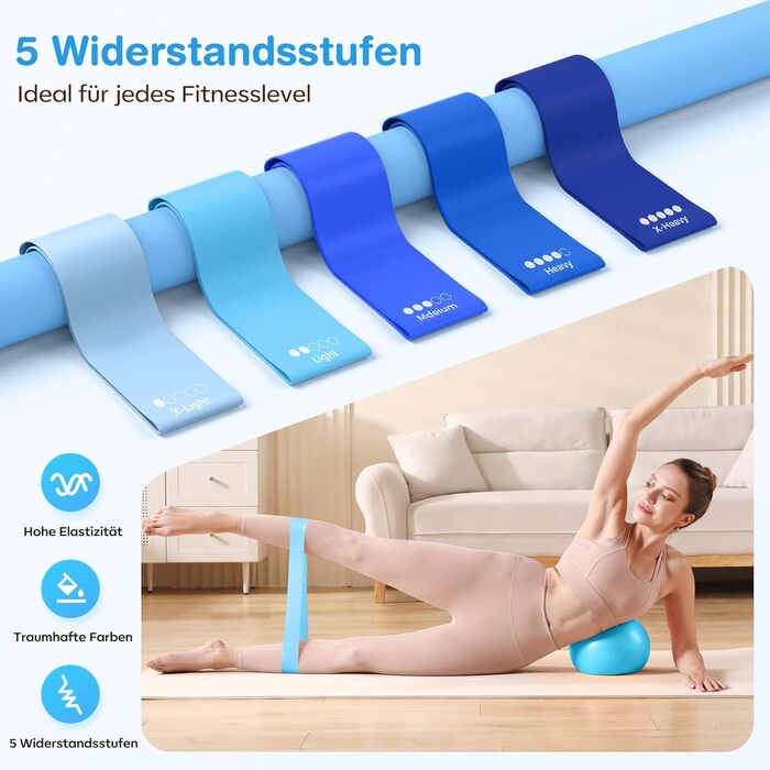 Набір для пілатесу 13 шт: кільце 13', м'яч 10' та еластичні стрічки для жінок вдома. Комплект обладнання для пілатесу для початківців, стрічки та аксесуари (блакитний)