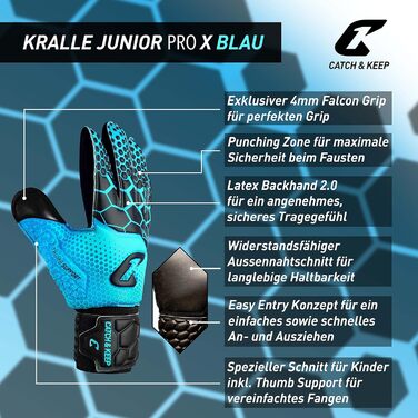 Дитячі футбольні воротарські рукавички CATCH & KEEP Kralle Junior Pro 3.0 з ультрасильним Falcon Grip, професійна якість, ідеальна посадка для дітей