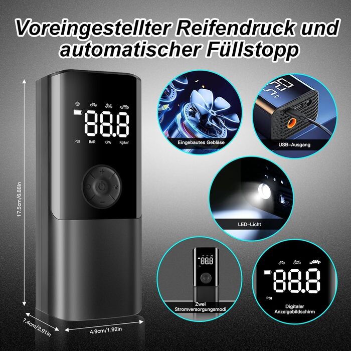 Електричний насос Viafexna 6000mAh, 150 PSI, з манометром для авто, велосипедів, м'ячів, матраців, лампа та Powerbank