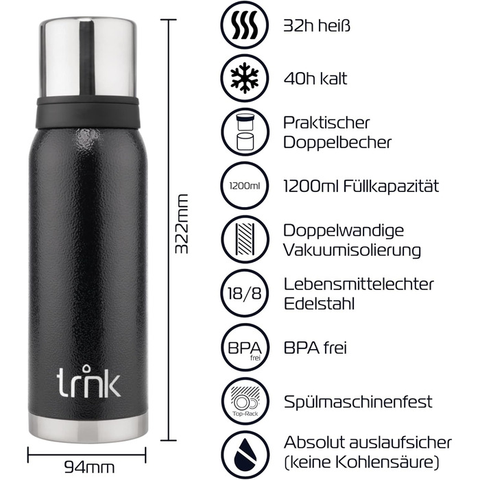 Термос trnk Arktis 2 із нержавіючої сталі 1200 мл, BPA-free, з двома чашками, зберігає тепло 32 години, для напоїв, підходить для посудомийки