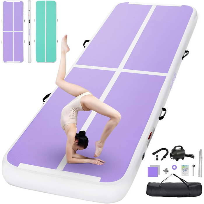 FBSPORT Airtrack Matte - Килимок для гімнастики та йоги, 300x100x20 см, фіолетово-зелений, з насосом та сумкою