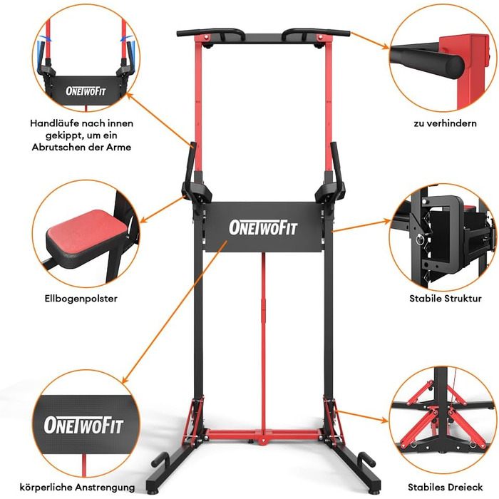 Багатофункціональна силова станція ONETWOFIT Power Tower: турнік, бруси та силовий стійка, регулювання висоти 127-220 см, навантаження до 180 кг, чорний