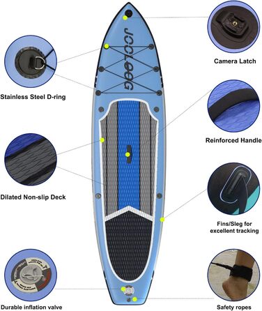 Надувний SUP Board JOOLOOG Stand Up Paddle Board 300кг, 6 дюймів товщини, з аксесуарами для веслування, для дорослих та підлітків, довжина 10'2/10'5, 320 x 81 x 15 см (зелено-сірий, з синім сидінням та кріпленням для камери)