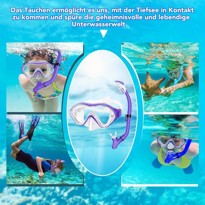 Набір для снорклінгу для дітей з ластами, маска з панорамним оглядом 180°, регульовані ласти, високоякісна маска та сухий снорклінг для плавання (фіолетовий)