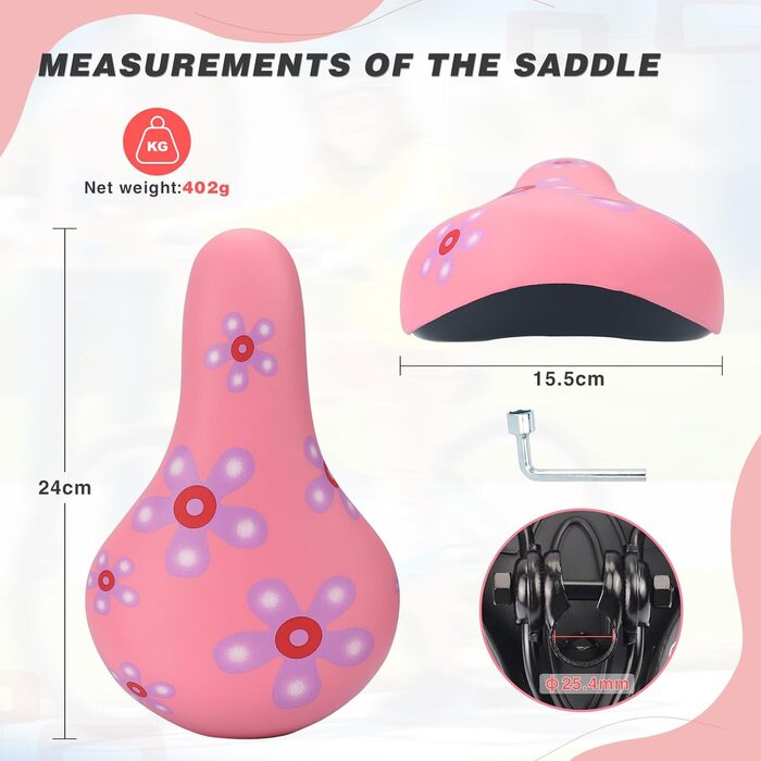 Дитячий велосипедний сидіння – м'яке та водонепроникне, з антиковзким покриттям, широке, Dual Shock для 12, 14, 16, 18, 20 дюймових велосипедів (чорний/червоний, маленький, з квітом)