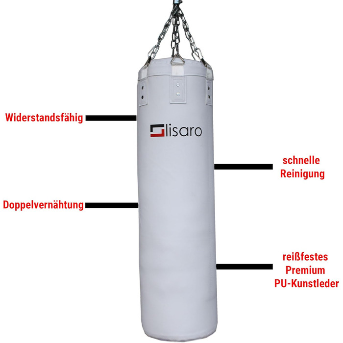Боксерський мішок Lisaro Premium 120x35 см, 30 кг, наповнений, чорний/білий, для боксу, MMA, єдиноборств, з 6-точковим сталевим ланцюгом