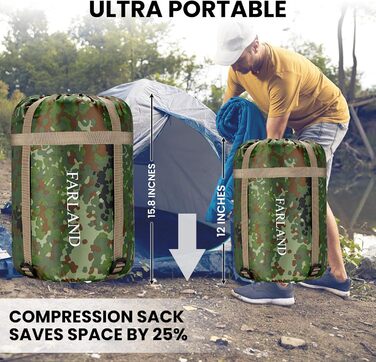 Спальний мішок FARLAND для дорослих, підлітків та дітей, до 6.7°C, 3-4 сезони, водонепроникний, з компресійним мішком, для кемпінгу, трекінгу та подорожей, розмір Medium (87'x 29.5')