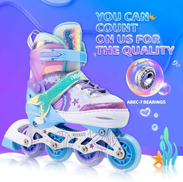 Інлайнери NEMONE для дівчаток, 4 розміри, регульовані, блакитний/фіолетовий, для дому та вулиці, розмір 37-39 EU, модель 'Морська русалка'