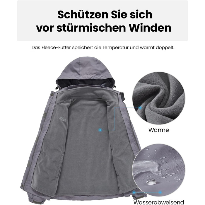 Жіноча куртка 3-в-1: вітро- та водовідштовхуюча, з флісовою підкладкою, тепла зимова куртка з капюшоном (сіра, XXL)