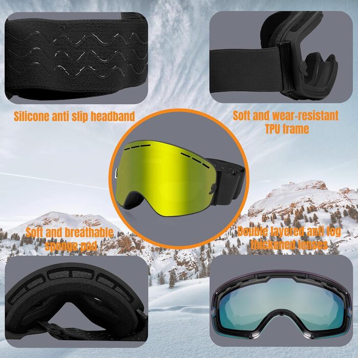 Окуляри для сноубордингу та гірськолижного спорту Queshark з подвійною сферичною лінзою, захист UV400, антизапітніння та антиблік, сумісні з шоломом, чорно-коричневий (чорно-жовтий)