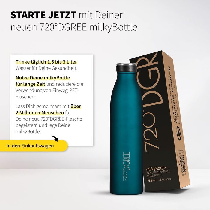Термос-пляшка 720°DGREE MilkyBottle, 750 мл, нержавіюча сталь, без BPA, з герметичним закриттям, для газованих напоїв, спорту, університету, школи, фітнесу, відпочинку на природі, кемпінгу, колір: смарагдово-зелений