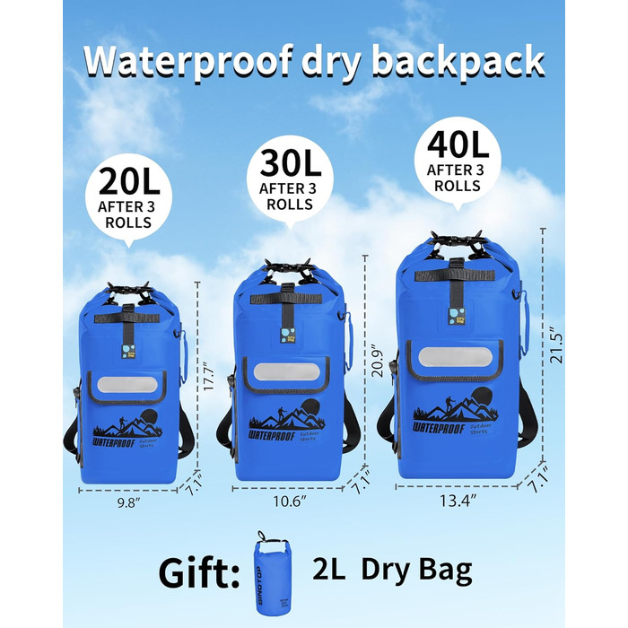Водонепроникний рюкзак IDRYBAG Dry Bag 40L, 30L, для каякінгу та водних видів спорту (Блакитний)