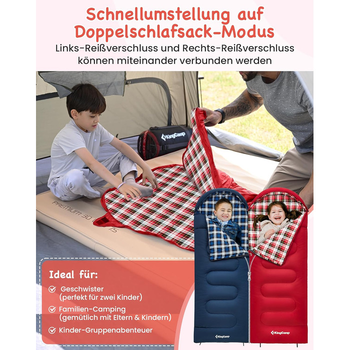 Сплячий мішок KingCamp для дітей з фланелі, легкий, водонепроникний, компактний, зимовий, 4 сезони, для кемпінгу, підходить для дітей до 140 см, комфортна температура: 7°C (червоний)