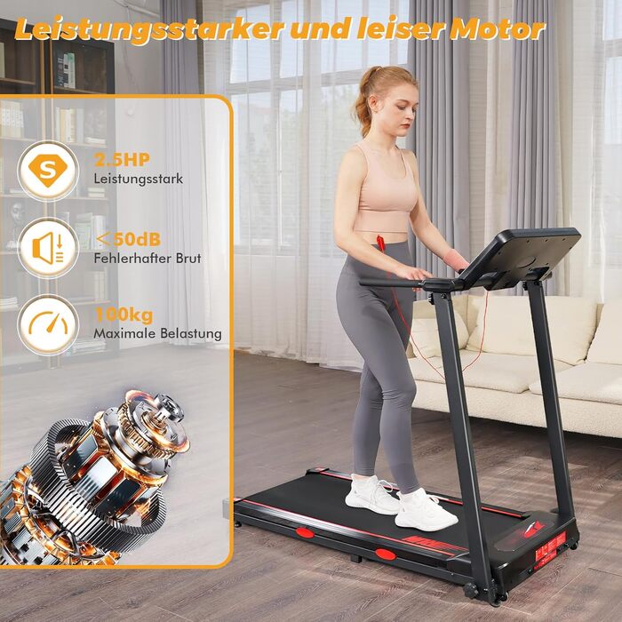 Бігова доріжка RAOO MIN для дому, 1-12 км/год, 2.5HP, складаний, з пультом/LED, підставка для iPad/телефону, Bluetooth, чорний