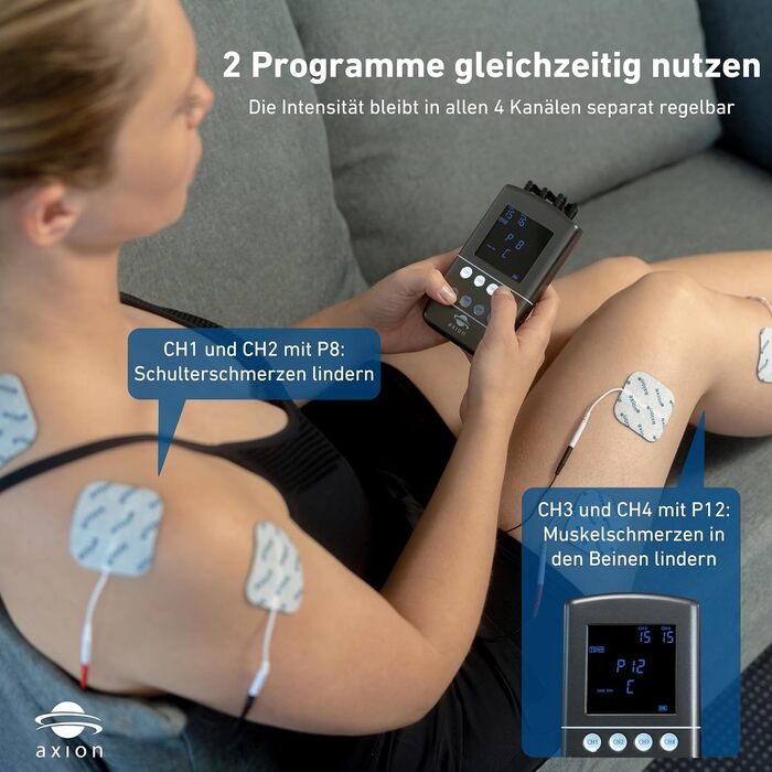 Апарат TENS EMS STIM-PRO X9B з 4 каналами та 8 електродів для болісної терапії, масажу та м'язового стимулювання - axion® (3) X9B
