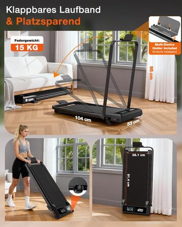 Складане бігове доріжки 4-в-1 з ручним нахилом 9%, тихий електричний біговий тренажер до 10 км/год, безщітковий двигун 3.0 PS, амортизація, LED-дисплей, компактний, для дому та офісу