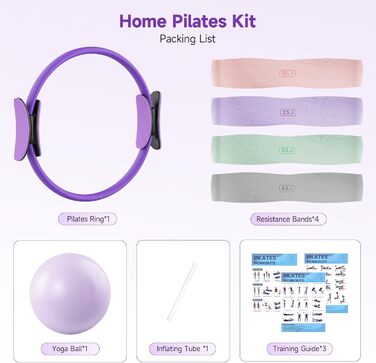 Комплект для пілатесу: кільце, стрічки опору (15-45 lbs), фітнес-м'яч, для дому, сили, гнучкості, стабільності та підтяжки