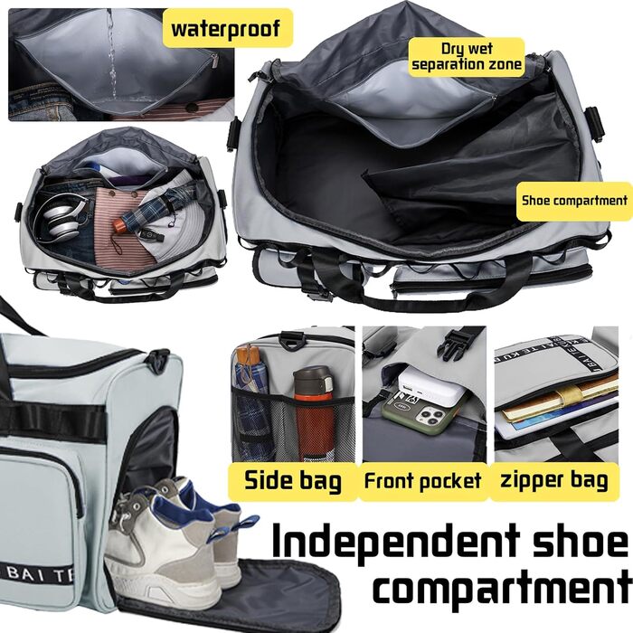 Спортивна сумка для подорожей унісекс 65Л, водонепроникна дорожня сумка з відділенням для взуття та мокрих речей, велика сумка для фітнесу та спорту (Cyan)