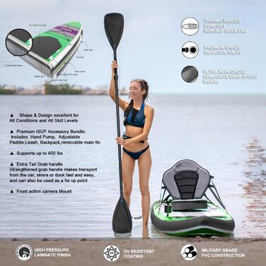 Надувний SUP-борд JOOLOOG Stand Up Paddle Board з сидінням для каяків, 320 x 81 x 15 см (зелений)