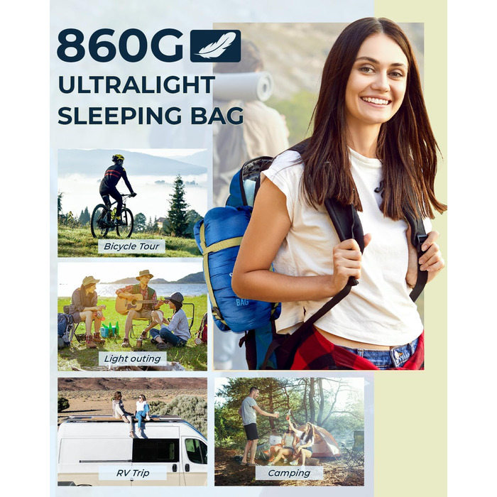 Спальний мішок Ohuhu - легкий літній, компактний, 900г, для кемпінгу, подорожей, фестивалів (синій)