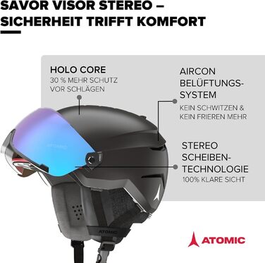 Гірськолижний шолом ATOMIC Savor Visor Stereo з візором, чорний, розмір 59-63, максимальна амортизація, вентиляція Aircon, дзеркальне покриття