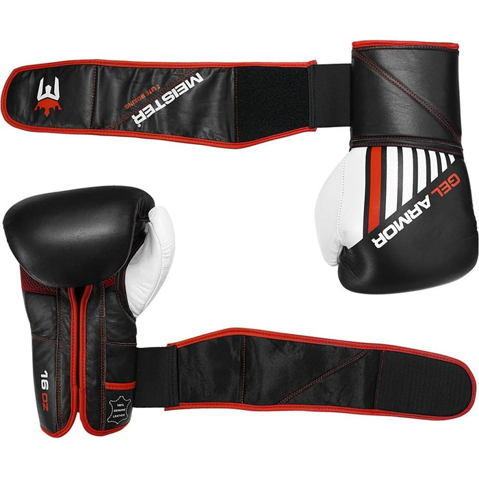Боксерські рукавички Meister Gel Armor 16oz для тренувань з натуральної шкіри, чорні/червоні/білі, дорослі, з сітчастою сумкою