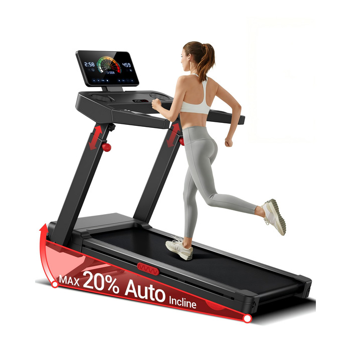 Бігова доріжка UMAY з автоматичним нахилом 20%, швидкість до 14 км/год, складний, 4-рівнева консоль, тихий 3.5 PS мотор, для дому, вантажопідйомність до 180 кг