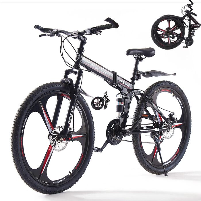 Складаний гірський велосипед MTB 26 дюймів, 21 швидкість Shimano, двоподівесна система, легка рама, спортивний велосипед для дорослих, чорно-червоний