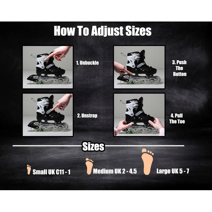 Регульовані роликові ковзани з підсвічуванням коліс для дітей та дорослих – роликові ковзани Inline, чорно-білі