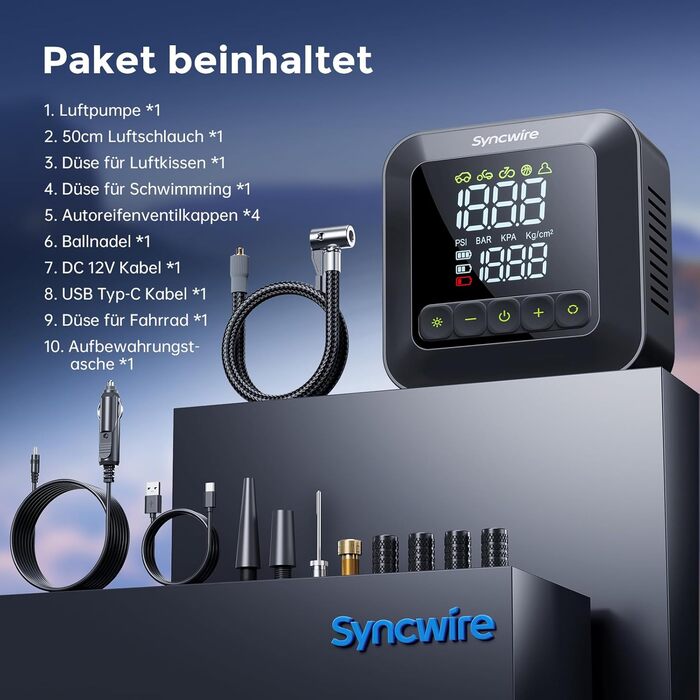 Портативний компресор Syncwire Mini 10.35 Бар – швидка електрична насосна станція для шин, автомобільний інфлятор з LCD-дисплеєм, насадки для різних режимів, вентильні ковпачки