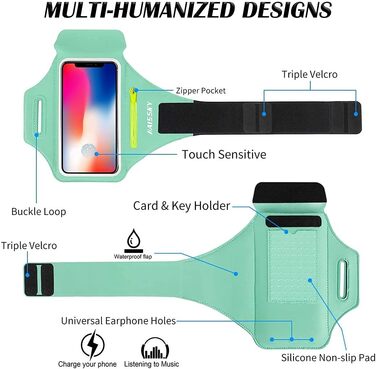 Спортивний браслет для бігу з відділенням для телефону та ключей (сумісний з iPhone 17/16/15/14/13/12/11 Pro Max/Plus), м'ятно-зелений