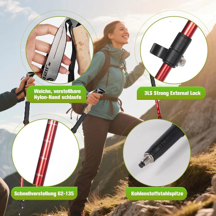 Телескопічні палиці для скандинавської ходьби з алюмінію, регульовані та складні, з корковими ручками для жінок та чоловіків, 62–135 см, червоні (Upgrade 2025)