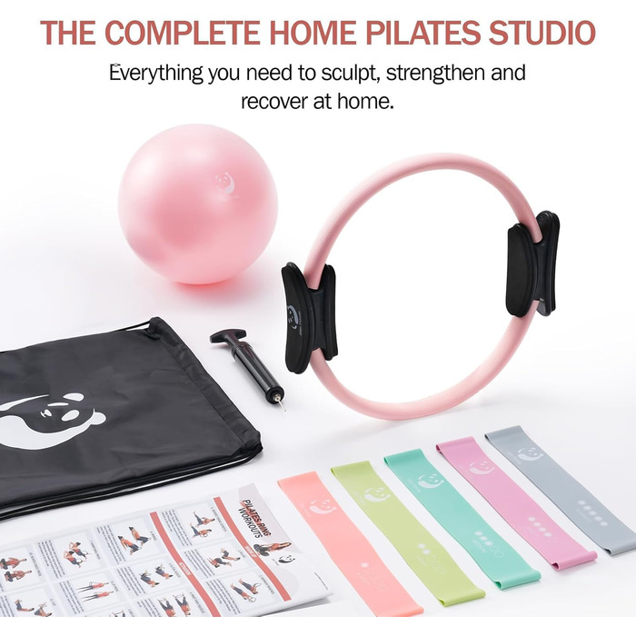 Pilates-кільце Slim Panda з м'ячем, гумками та сумкою, рожеве - 35 см
