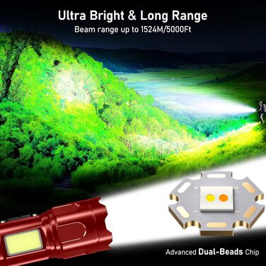 Ліхтар Blukar LED з 2 режимами кольору, головним світлом та COB бічним світлом, перезаряджуваний, надзвичайно яскравий, з плавною регулюванням, з функцією зуму, 7 режимів, водонепроникний, для активного відпочинку та надзвичайних ситуацій (каштанового кол