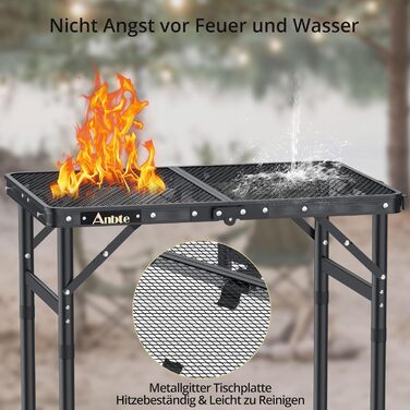 Стіл для кемпінгу Anbte Grilltisch 58x40 см, металевий, регульована висота (26/48/70 см), алюмінієвий каркас, чорний