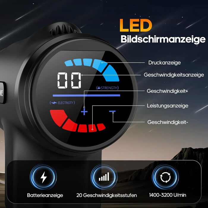 Масажер для м'язів AERLANG з підігрівом та LED-дисплеєм, 20 режимів, 7 насадок