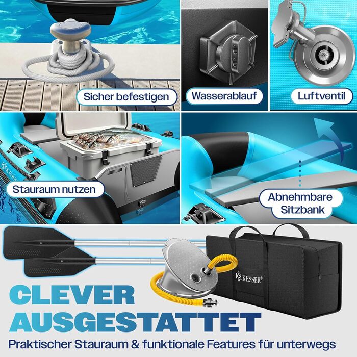 Надувний човен KESSER Wave 230-320 см (6 елементів): човен, лавка, насос, весла, ремкомплект, сумка. Можливість встановлення мотора, для солоної води.