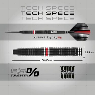 Професійні дартс дротики RED DRAGON Razor Edge ZX-95, вольфрам, 26 г, сталевий наконечник, з оперенням і шафтами